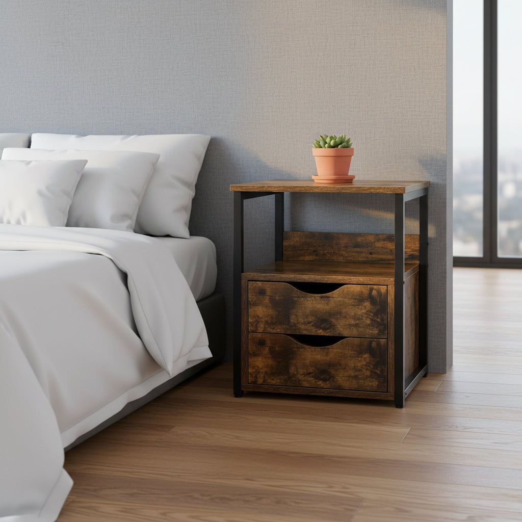 Industrial Side Table with 2 Drawers, Small End Table with Storage Shelf, Accent Sofa Table with Groove Handle and Metal Frame