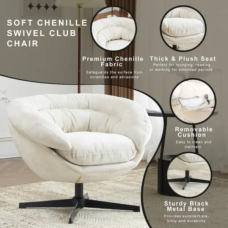 Fauteuil club/d'appoint pivotant à 360° en chenille avec coussin amovible, chaise de bureau ronde avec base en métal noir