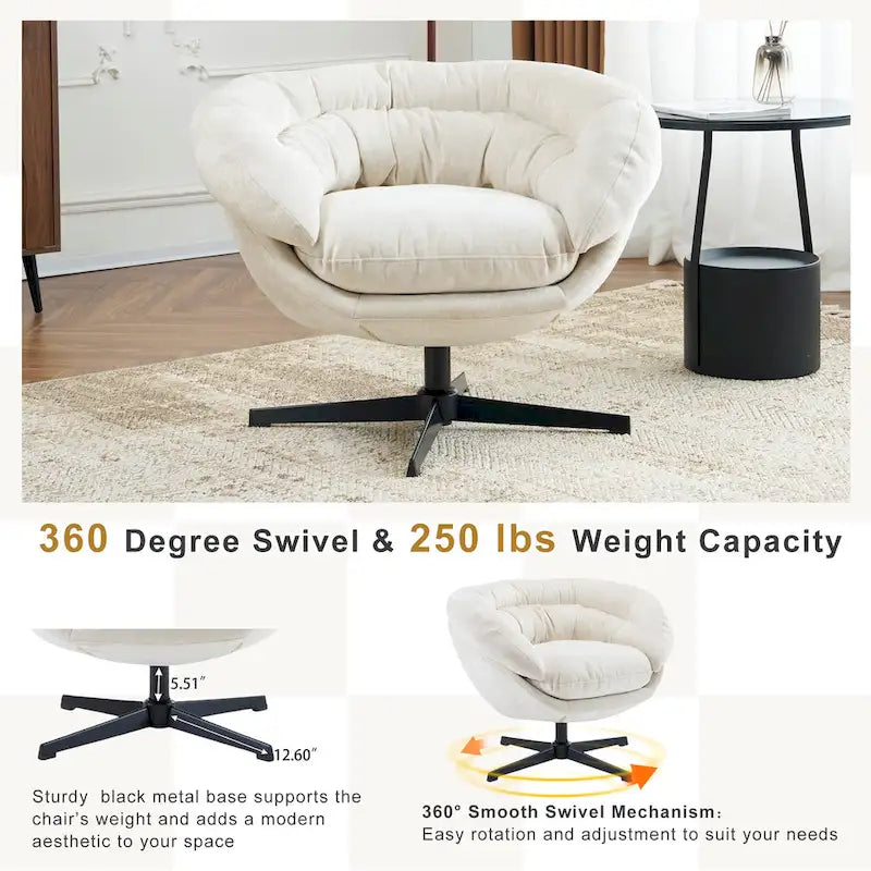 Fauteuil club/d'appoint pivotant à 360° en chenille avec coussin amovible, chaise de bureau ronde avec base en métal noir