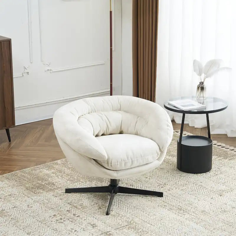 Fauteuil club/d'appoint pivotant à 360° en chenille avec coussin amovible, chaise de bureau ronde avec base en métal noir