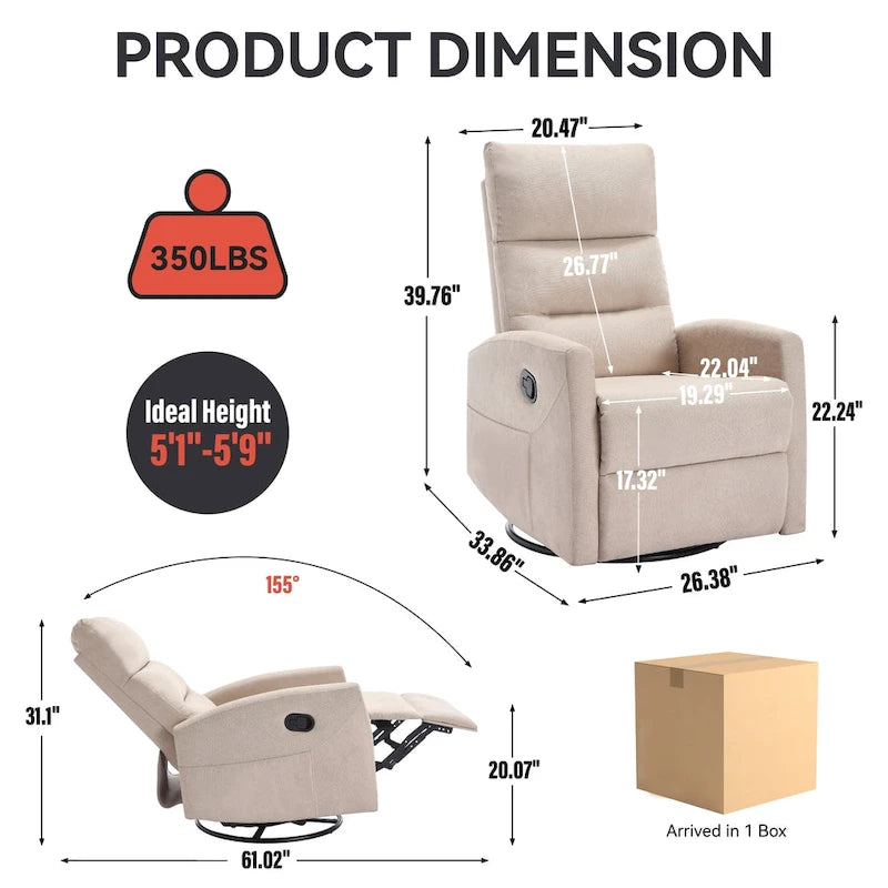 Fauteuil inclinable manuel en tissu avec fonction bascule et pivotante pour le salon
