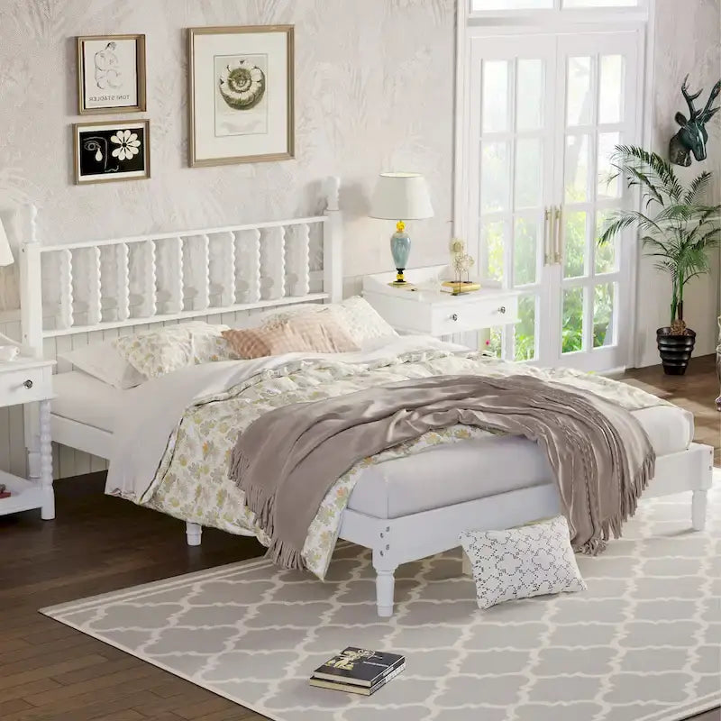 Lit plateforme Queen rétro avec tête de lit en forme de gourde et cadre en bois massif