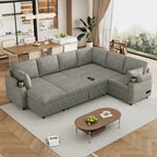 Canapé en U, Canapé Sectionnel en Chenille avec 2 Porte-Gobelets et Ports de Charge Canapé-Lit Inclinable pour Salon