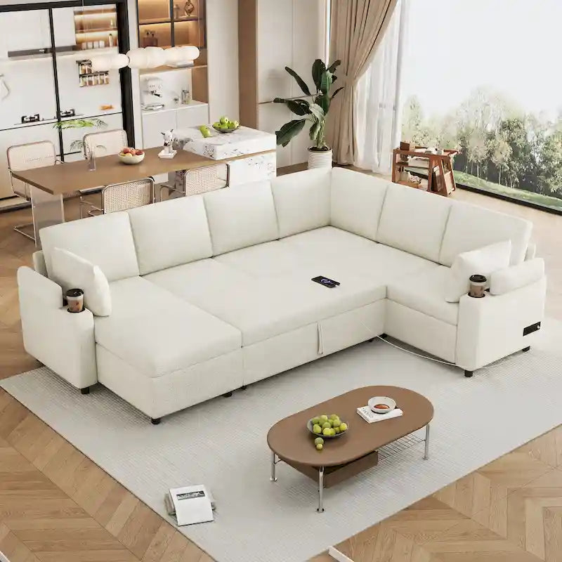 Canapé en U, Canapé Sectionnel en Chenille avec 2 Porte-Gobelets et Ports de Charge Canapé-Lit Inclinable pour Salon