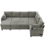 Canapé en U, Canapé Sectionnel en Chenille avec 2 Porte-Gobelets et Ports de Charge Canapé-Lit Inclinable pour Salon