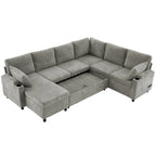 Canapé en U, Canapé Sectionnel en Chenille avec 2 Porte-Gobelets et Ports de Charge Canapé-Lit Inclinable pour Salon