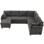 Canapé en U, Canapé Sectionnel en Chenille avec 2 Porte-Gobelets et Ports de Charge Canapé-Lit Inclinable pour Salon