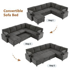 Canapé en U, Canapé Sectionnel en Chenille avec 2 Porte-Gobelets et Ports de Charge Canapé-Lit Inclinable pour Salon