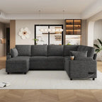 Canapé en U, Canapé Sectionnel en Chenille avec 2 Porte-Gobelets et Ports de Charge Canapé-Lit Inclinable pour Salon