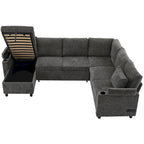 Canapé en U, Canapé Sectionnel en Chenille avec 2 Porte-Gobelets et Ports de Charge Canapé-Lit Inclinable pour Salon