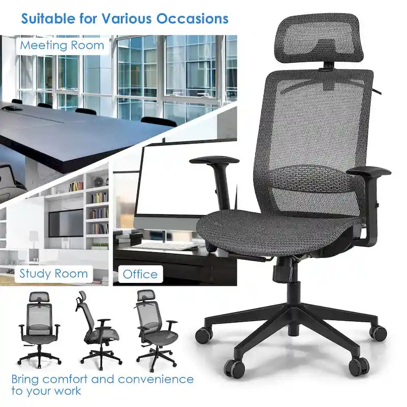 Fauteuil de bureau ergonomique inclinable et pivotant à haut dossier en maille – Voir détails