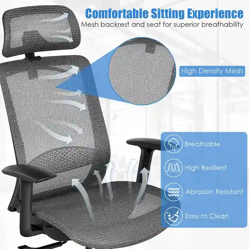 Fauteuil de bureau ergonomique inclinable et pivotant à haut dossier en maille – Voir détails