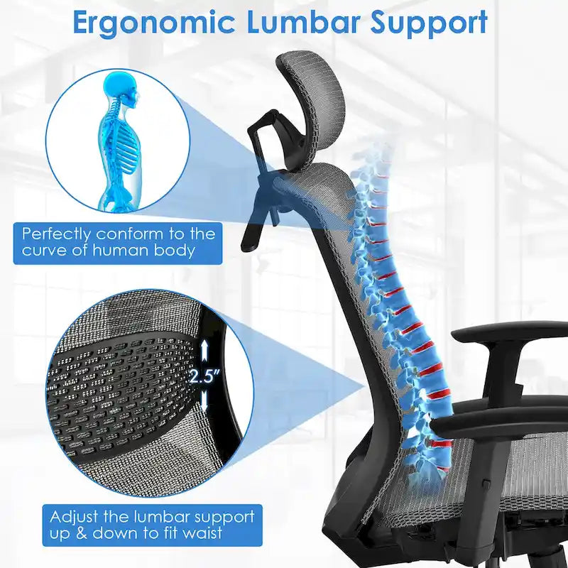 Fauteuil de bureau ergonomique inclinable et pivotant à haut dossier en maille – Voir détails