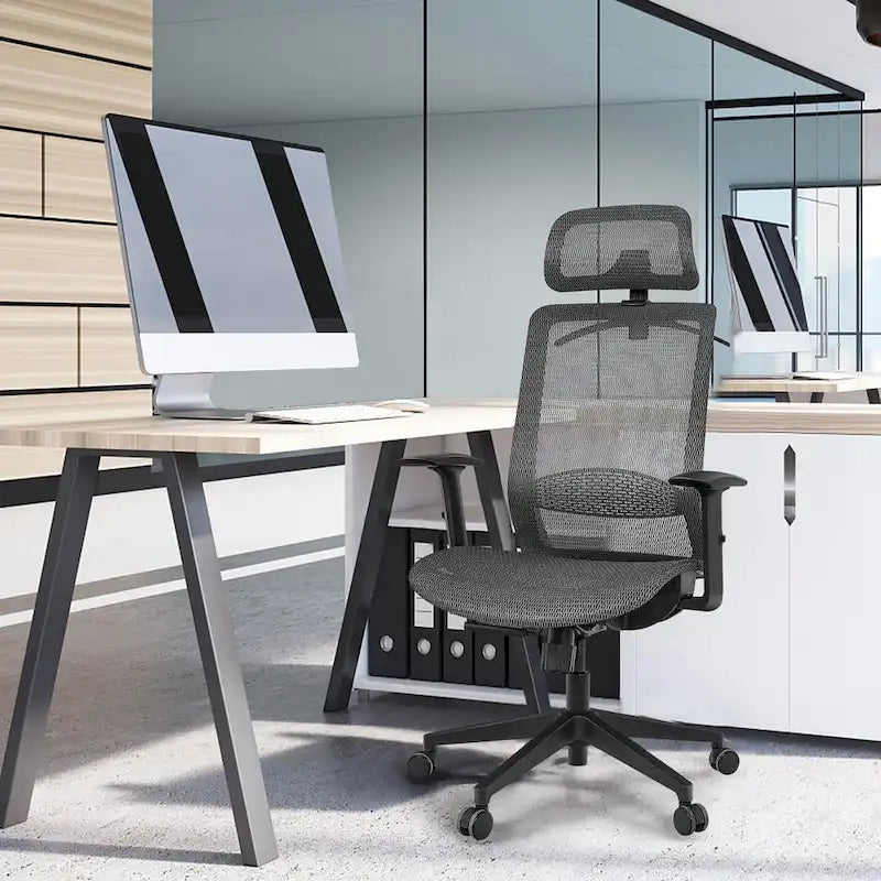 Fauteuil de bureau ergonomique inclinable et pivotant à haut dossier en maille – Voir détails