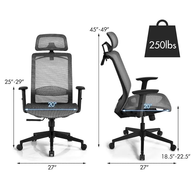 Fauteuil de bureau ergonomique inclinable et pivotant à haut dossier en maille – Voir détails