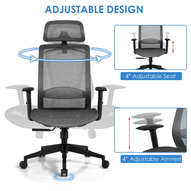 Fauteuil de bureau ergonomique inclinable et pivotant à haut dossier en maille – Voir détails