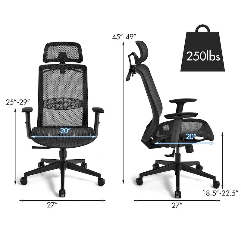 Fauteuil de bureau ergonomique inclinable et pivotant à haut dossier en maille – Voir détails