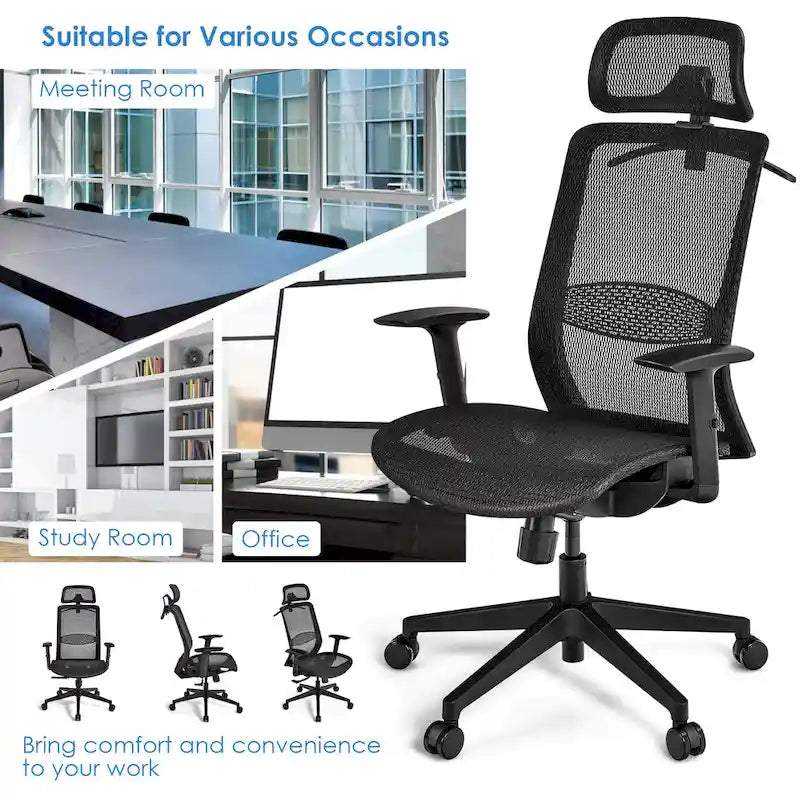 Fauteuil de bureau ergonomique inclinable et pivotant à haut dossier en maille – Voir détails
