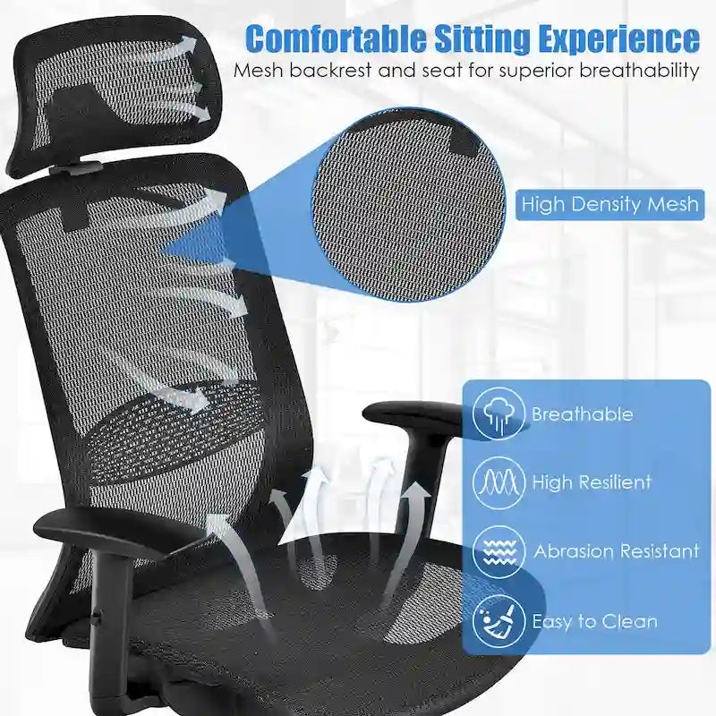 Fauteuil de bureau ergonomique inclinable et pivotant à haut dossier en maille – Voir détails