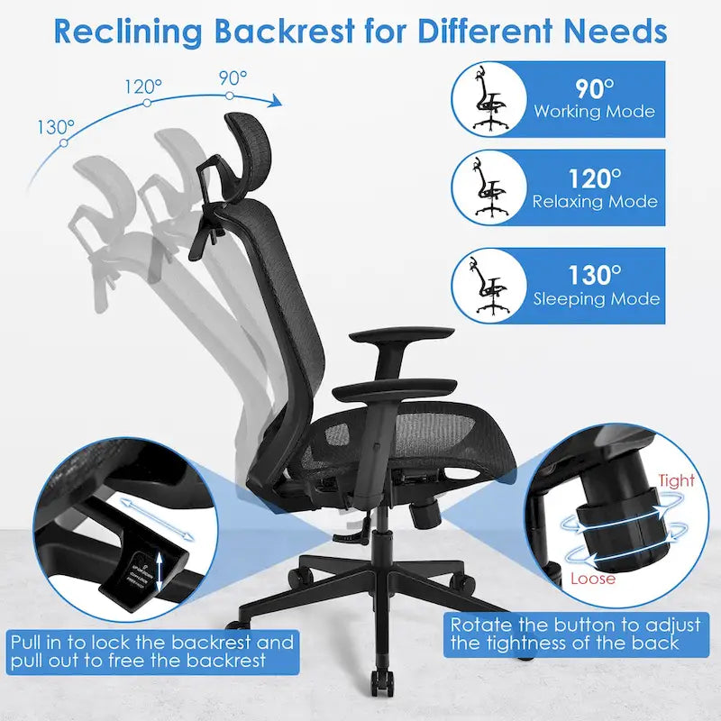 Fauteuil de bureau ergonomique inclinable et pivotant à haut dossier en maille – Voir détails