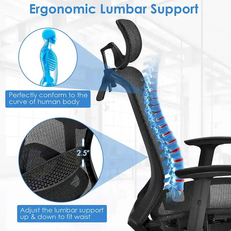 Fauteuil de bureau ergonomique inclinable et pivotant à haut dossier en maille – Voir détails