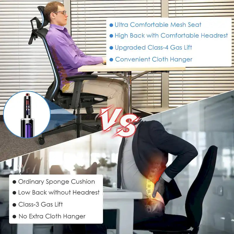 Fauteuil de bureau ergonomique inclinable et pivotant à haut dossier en maille – Voir détails