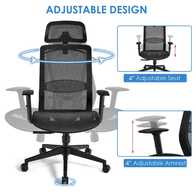 Fauteuil de bureau ergonomique inclinable et pivotant à haut dossier en maille – Voir détails