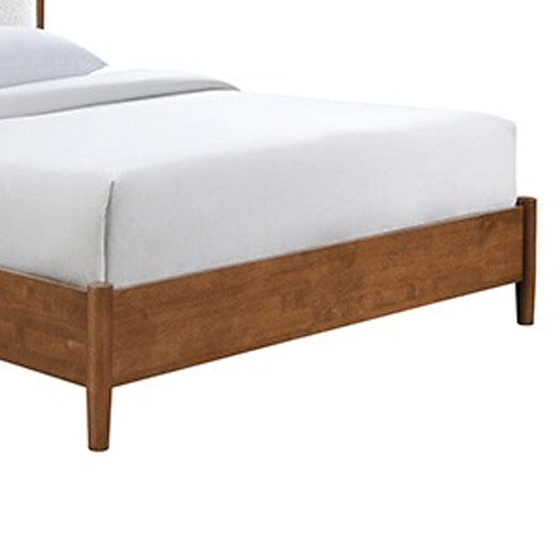 Lit Queen Size, Tête de Lit Rembourrée en Bouclette Beige, Bois Massif Noyer Marron