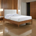 Lit Queen Size, Tête de Lit Rembourrée en Bouclette Beige, Bois Massif Noyer Marron