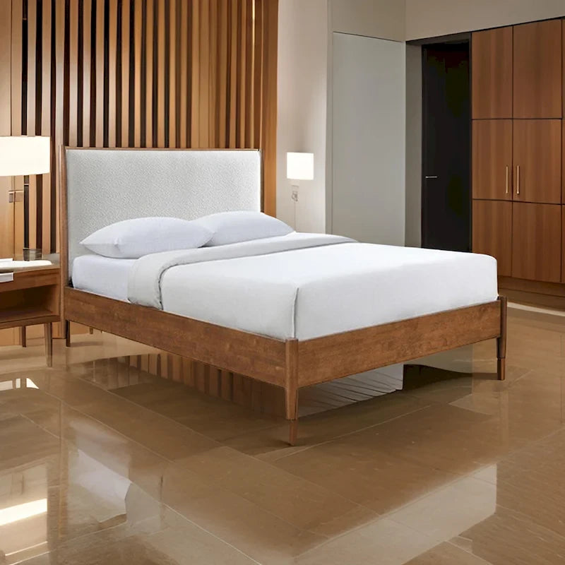 Lit Queen Size, Tête de Lit Rembourrée en Bouclette Beige, Bois Massif Noyer Marron