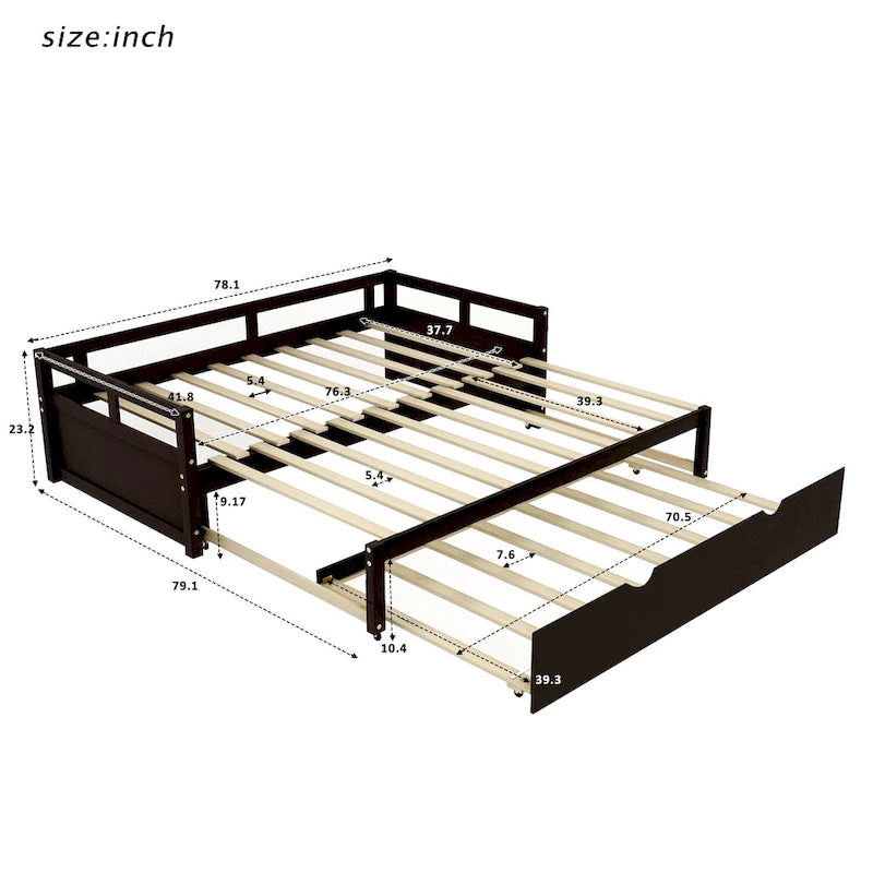 Lit de repos double extensible en pin noir avec lit gigogne – Cadre robuste et sommier à lattes inclus