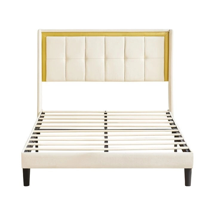 Cadre de lit plateforme capitonné blanc Queen Size avec tête de lit, lattes en bois robustes, haute capacité de charge