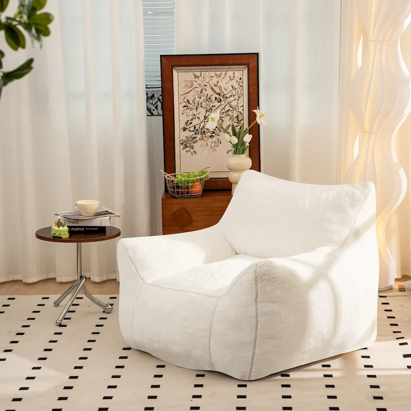 Pouf poire en fausse fourrure avec dossier, rembourrage en mousse déchiquetée haute densité et design polyvalent