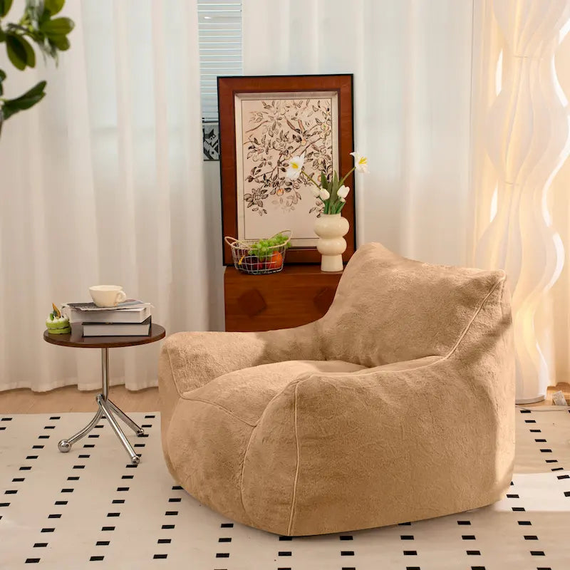 Pouf poire en fausse fourrure avec dossier, rembourrage en mousse déchiquetée haute densité et design polyvalent