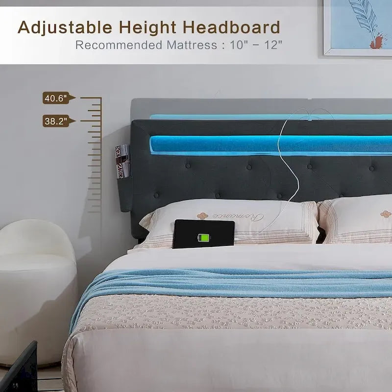 Lit plateforme queen size gris foncé avec 4 tiroirs de rangement, USB et lumières LED