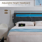 Lit plateforme queen size gris foncé avec 4 tiroirs de rangement, USB et lumières LED