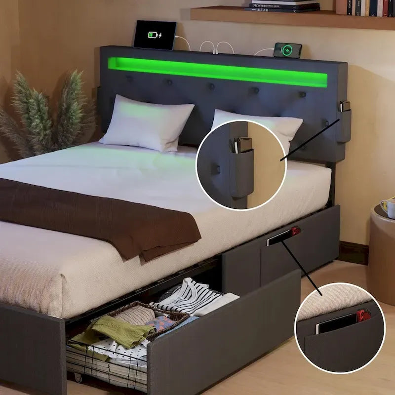 Lit plateforme queen size gris foncé avec 4 tiroirs de rangement, USB et lumières LED