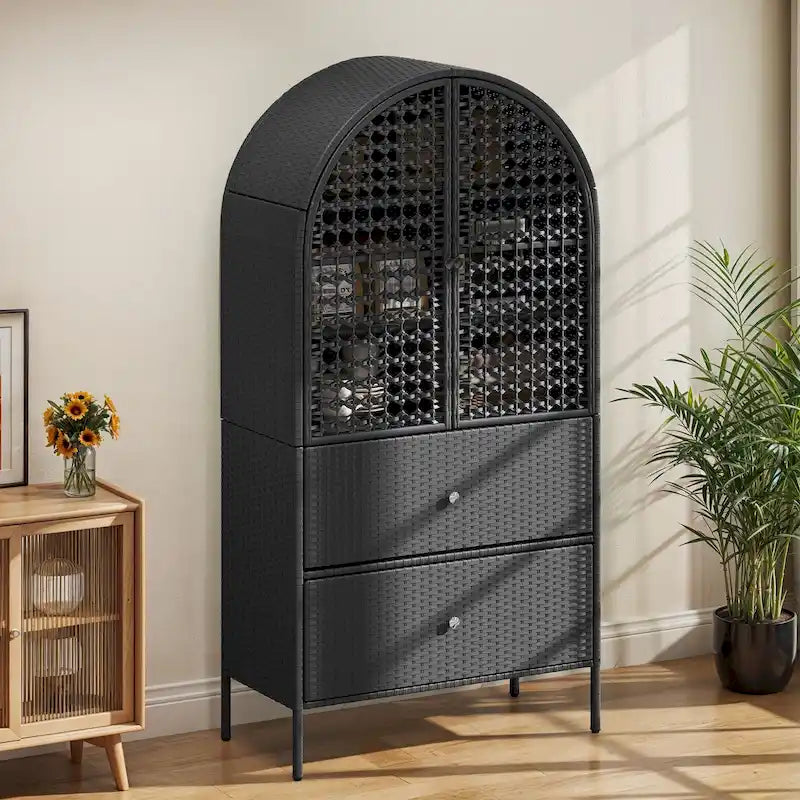 Meuble de rangement de cuisine haut en osier de 165 cm avec arc, armoire de style fermier avec 3 étagères et 2 tiroirs
