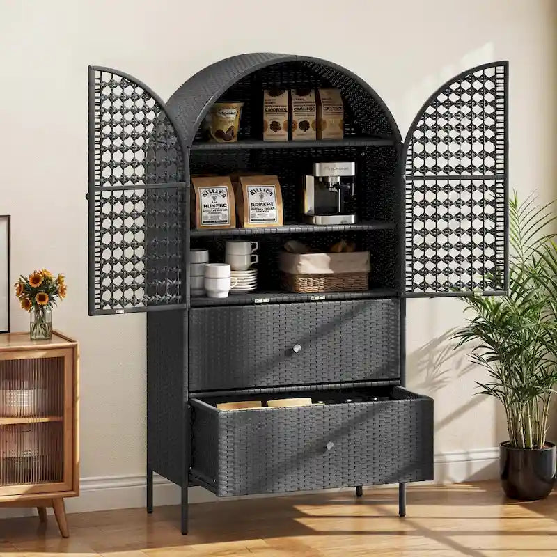 Meuble de rangement de cuisine haut en osier de 165 cm avec arc, armoire de style fermier avec 3 étagères et 2 tiroirs