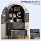 Meuble de rangement de cuisine haut en osier de 165 cm avec arc, armoire de style fermier avec 3 étagères et 2 tiroirs