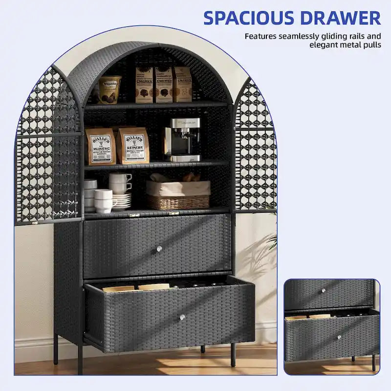 Meuble de rangement de cuisine haut en osier de 165 cm avec arc, armoire de style fermier avec 3 étagères et 2 tiroirs