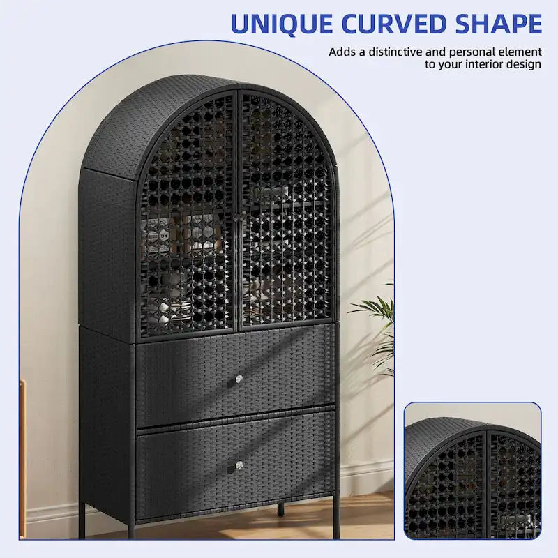 Meuble de rangement de cuisine haut en osier de 165 cm avec arc, armoire de style fermier avec 3 étagères et 2 tiroirs