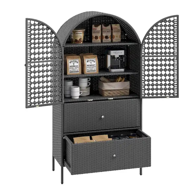 Meuble de rangement de cuisine haut en osier de 165 cm avec arc, armoire de style fermier avec 3 étagères et 2 tiroirs