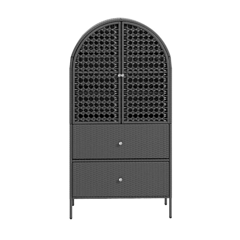 Meuble de rangement de cuisine haut en osier de 165 cm avec arc, armoire de style fermier avec 3 étagères et 2 tiroirs