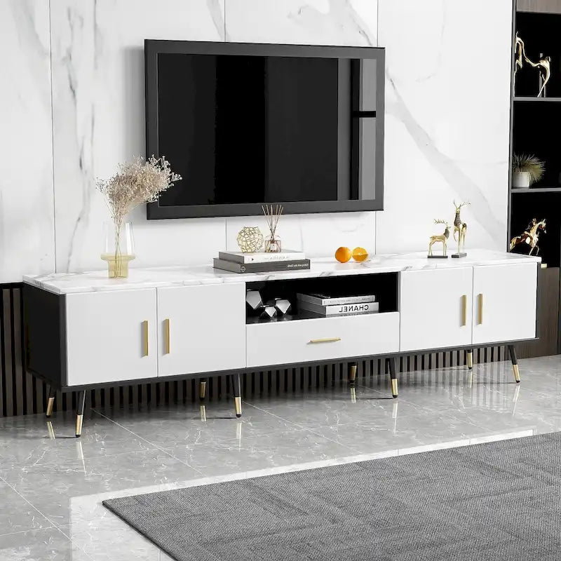 Meuble TV moderne avec 2 armoires et compartiments ouverts, console de télévision pour salon, chambre à coucher