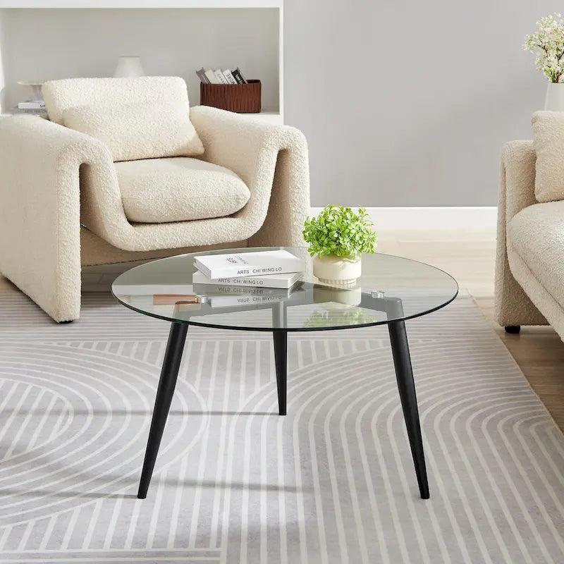 Table basse avec pieds effilés et plateau en verre