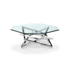 Table basse carrée moderne en métal chromé et verre