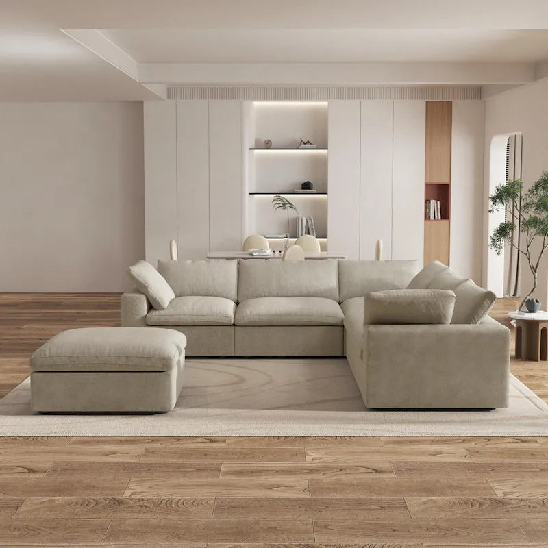 Canapé d'angle modulable 5 pièces avec pouf