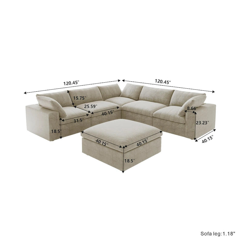 Canapé d'angle modulable 5 pièces avec pouf