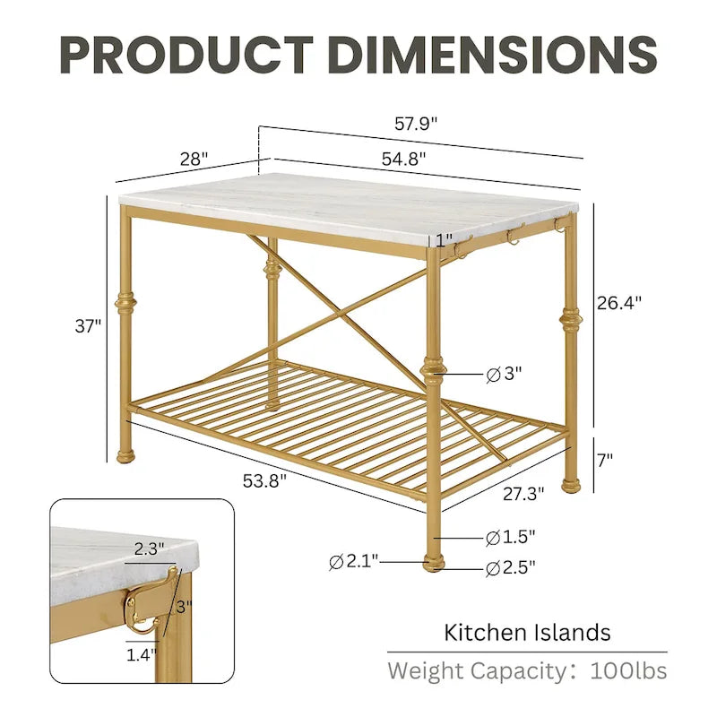 Îlot de cuisine contemporain blanc et or de 58 pouces de large avec plateau en marbre par